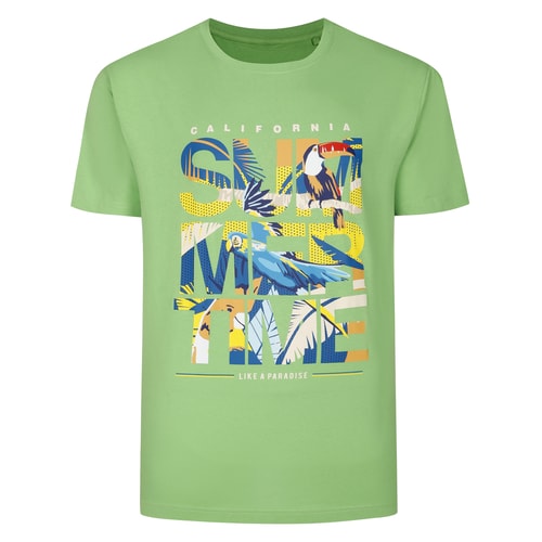 Front view of lime green crew neck T-shirt with large print.